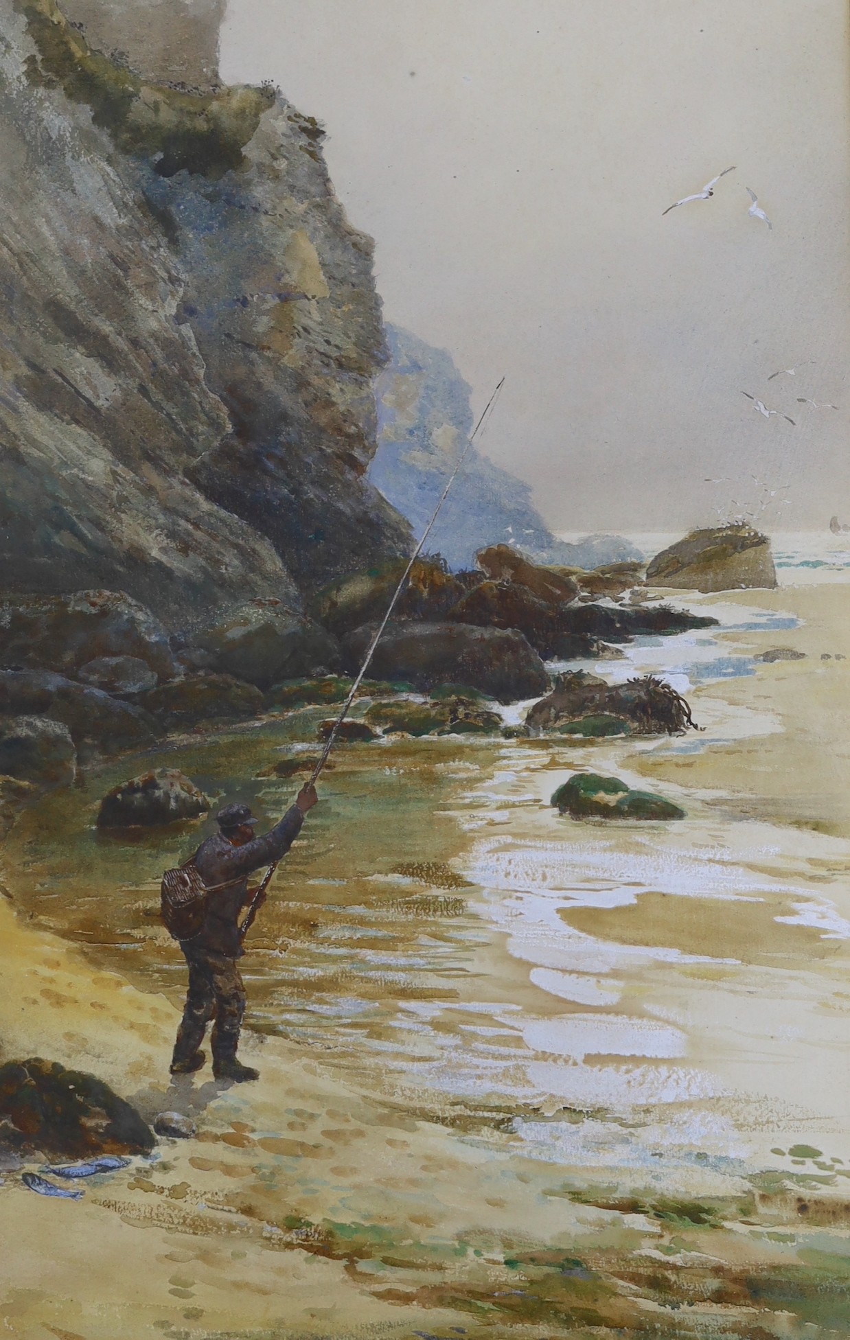 R.H. Parker (19th C.), watercolour, Angler on the seashore, signed, 59 x 39cm